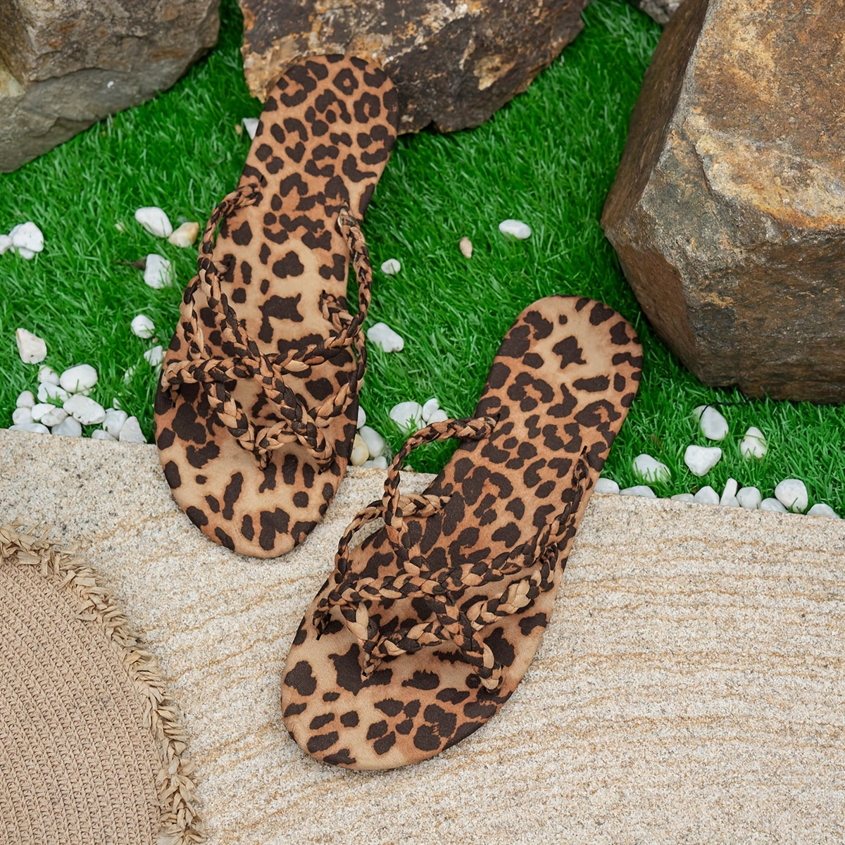 Women'S Vintage Leopard Print Flat Slippers, All-Season Lace-Up Fabric Upper Sandals with Rubber Sole, Comfortable Strappy Back Slip-On Shoes